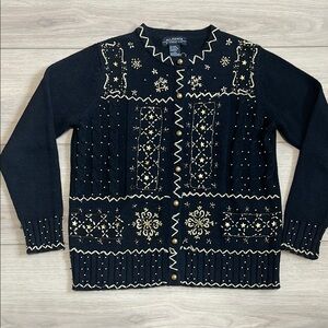 VTG Christmas Cardigan Cable Knit Sweater Black and Gold Embellished Snowflake S